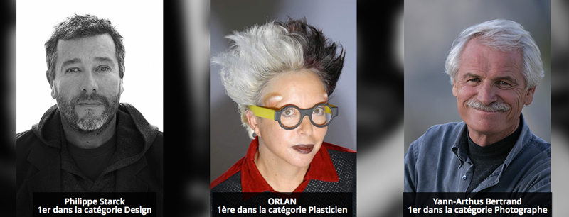 Philippe Starck, premier dans la catégorie design, ORLAN, première dans la catégorie plasticien, Yann Arthus-Bertrand, premier dans la catégorie photographie